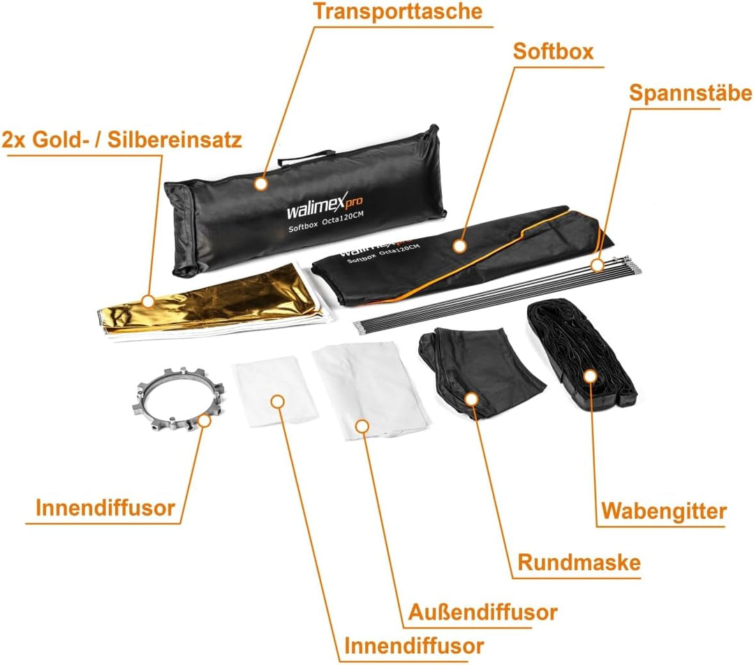 Walimex Pro Octagon Softbox PLUS Orange Line 120 cm Durchmesser für pro&amp;K Walimex Pro&amp;K, Walimex Pro