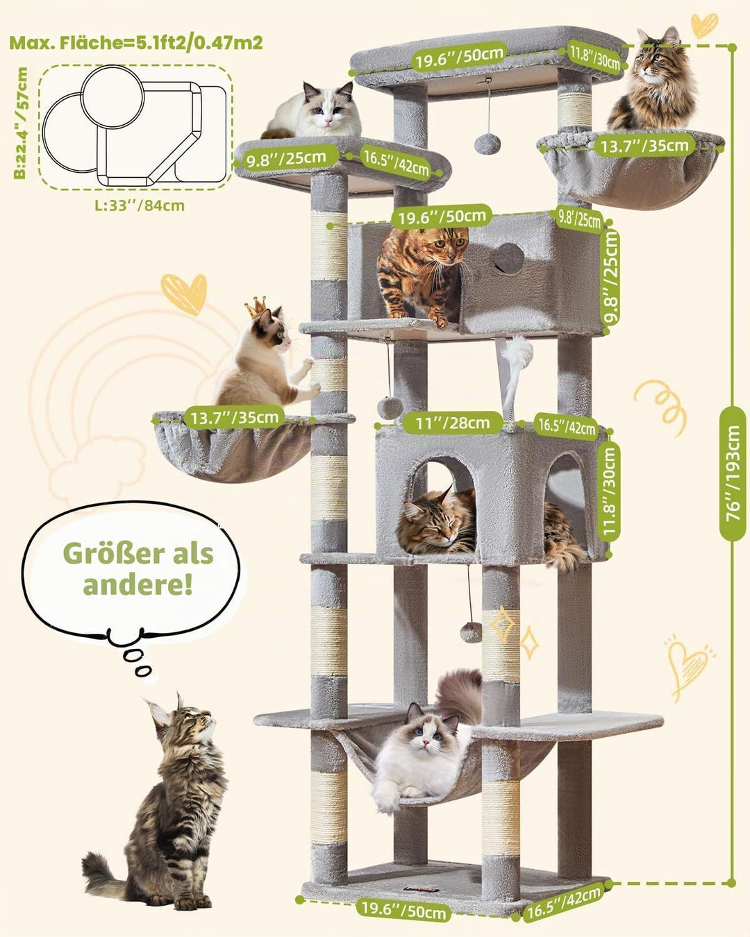 Taoqimiao 193CM Kratzbaum Gross XXL, Katzenbaum Katzenbaum Grosse Katzen Stabil Katzenkratzbaum mit
