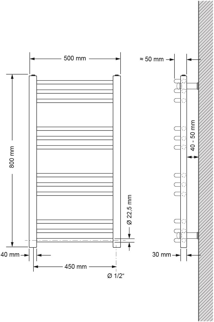 ECD Germany Badheizkörper 500 x 800 mm - Chrom - gebogen mit Seitenanschluss - Design Heizkörper Han