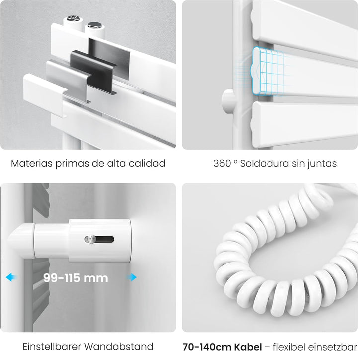 Heilmetz Badheizkörper Elektrisch 899 x 400mm Weiss mit WIFI Smart Heizstab 400W, Flach Handtuchwärm