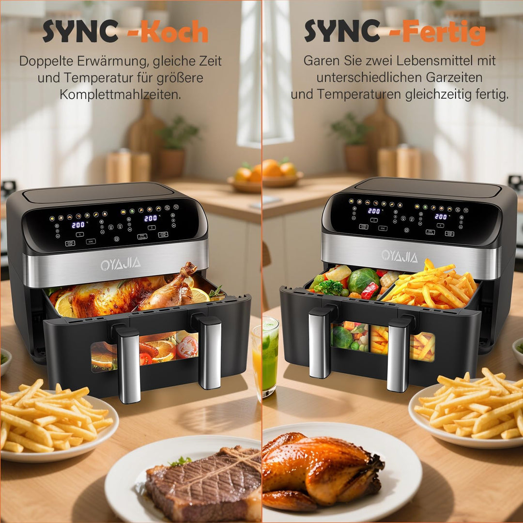 Heissluftfritteuse 2 Kammern Mit Sichtfenster 9L Airfryer 2 Fächer 9-In-1 Touchscreen Antihaftbeschi