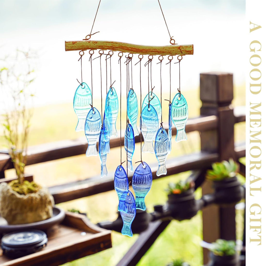 H&amp;D HYALINE &amp; DORA 58,4 cm blaues Glas Meereswindspiel, handgefertigtes Fisch Windspiel für draussen