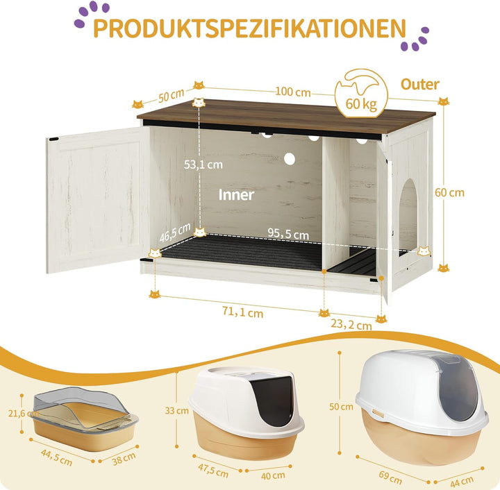 Hzuaneri Katzenklo Schrank, Katzenschrank, Katzentoilette mit Herausnehmbarer Trennwand, Katzenhaus,