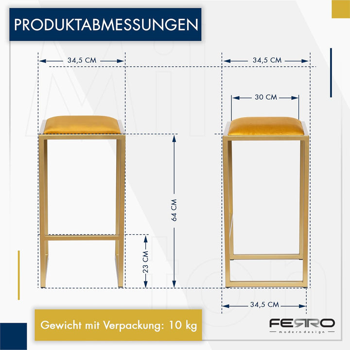 FERRO modern design Barhocker Gold ohne Lehne 64 cm - Metal Barstuhl mit Gepolstertem Sitz - Loft St