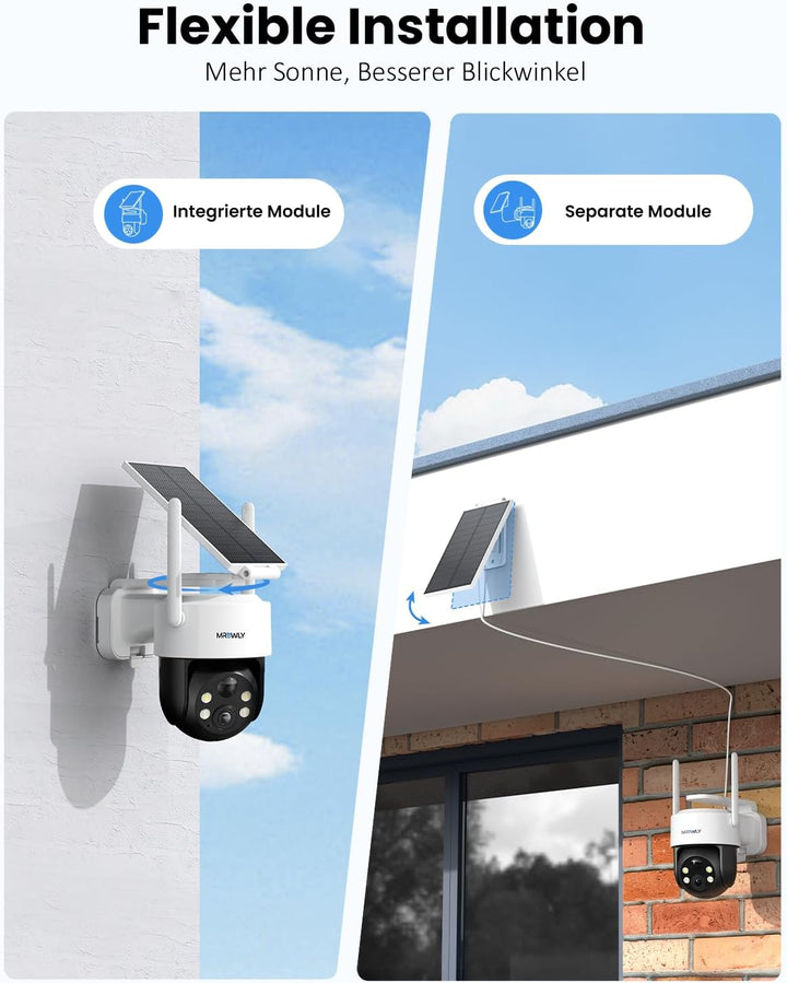 2K Überwachungskamera Aussen Solar, 360° PTZ WLAN Kamera Outdoor Kabellos mit abnehmbarem Solarpanel