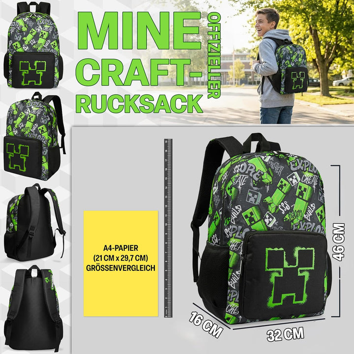 Minecraft Rucksack Kinder Jungen Kinderrucksack Creeper Freizeitrucksack mit Reissverschluss-Fächern