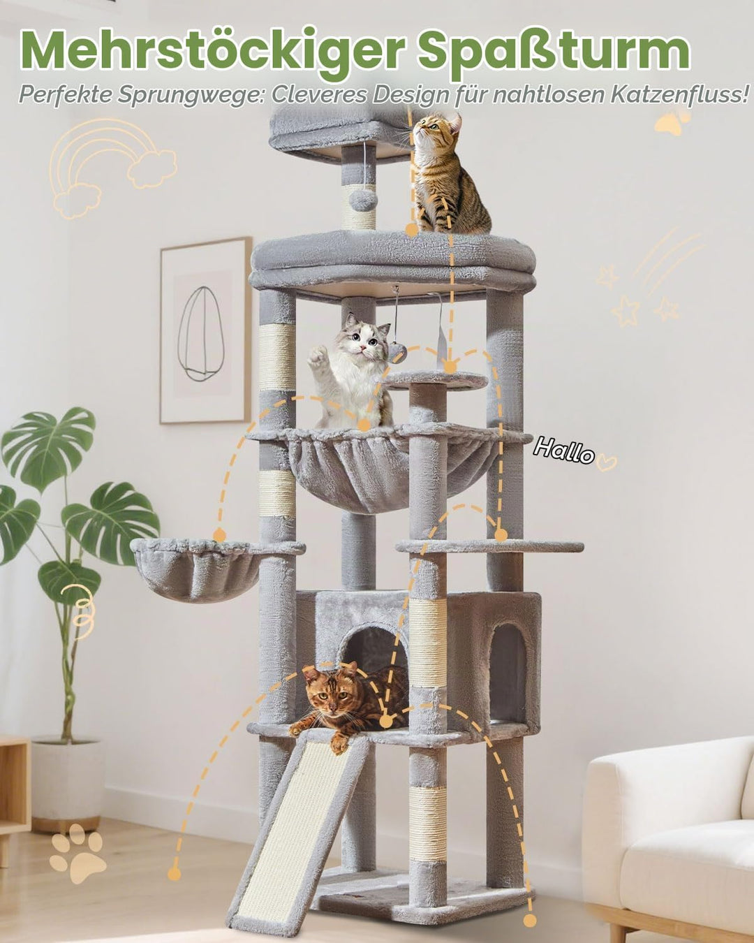 Taoqimiao 183cm Kratzbaum XXL, Grosser Katzenbaum Für Grosse Katzen, MS045W Hellgrau, Hellgrau