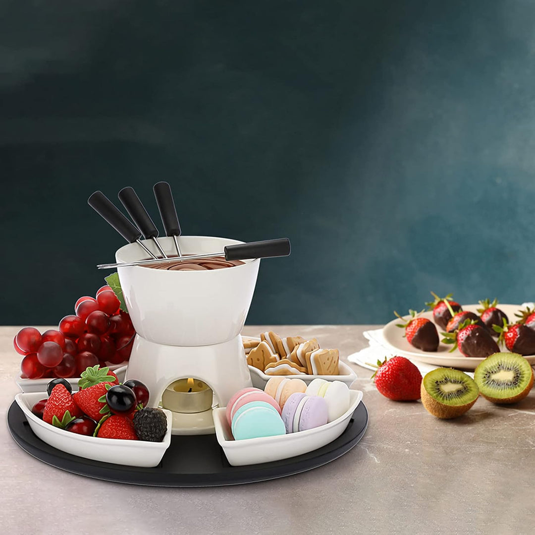 SUMNACON Keramike Schokofondue-Topf-Set mit Holzpalette 4 Gabeln 4 Tellern Schoko Fondueset Käsefond