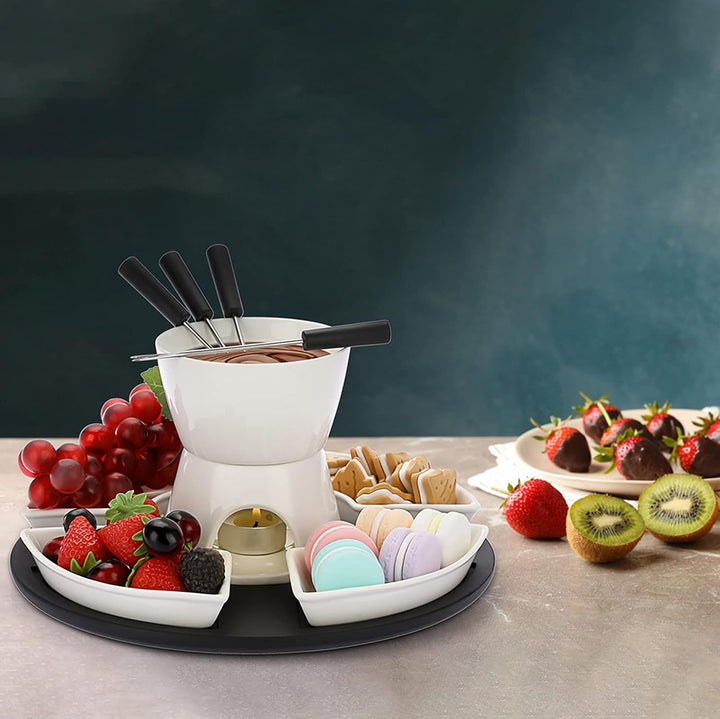 SUMNACON Keramike Schokofondue-Topf-Set mit Holzpalette 4 Gabeln 4 Tellern Schoko Fondueset Käsefond
