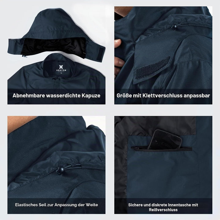 Herren Regen Jacke mit Kapuze wasserdicht leichte Jacke und Reissverschlusstaschen Regenmantel für O