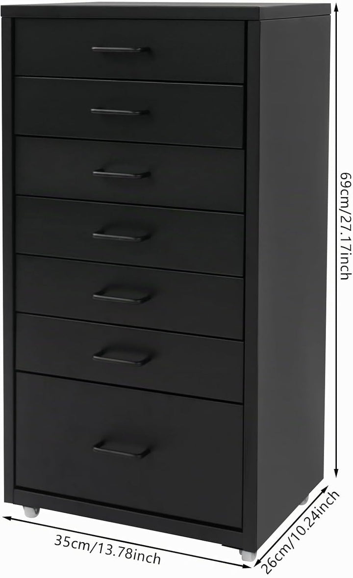 Metall Rollcontainer mit 7 Schubladen, Mobiler Schubladenschrank (Schwarz), Schwarz