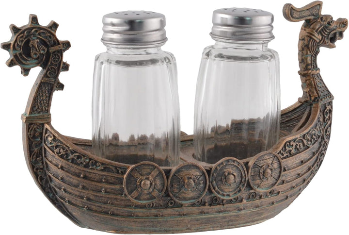 Nordischer Salz- u. Pfefferstreuer "Drakar" - Wikinger Schiff mit Glasstreuern