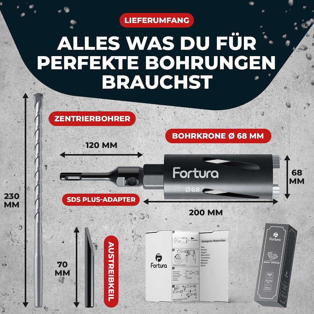 Fortura Kernbohrer/Bohrkrone Ø50-162mm / 200mm Länge/SDS Plus/Dosenbohrer/Diamantbohrkrone/Bohrkrone