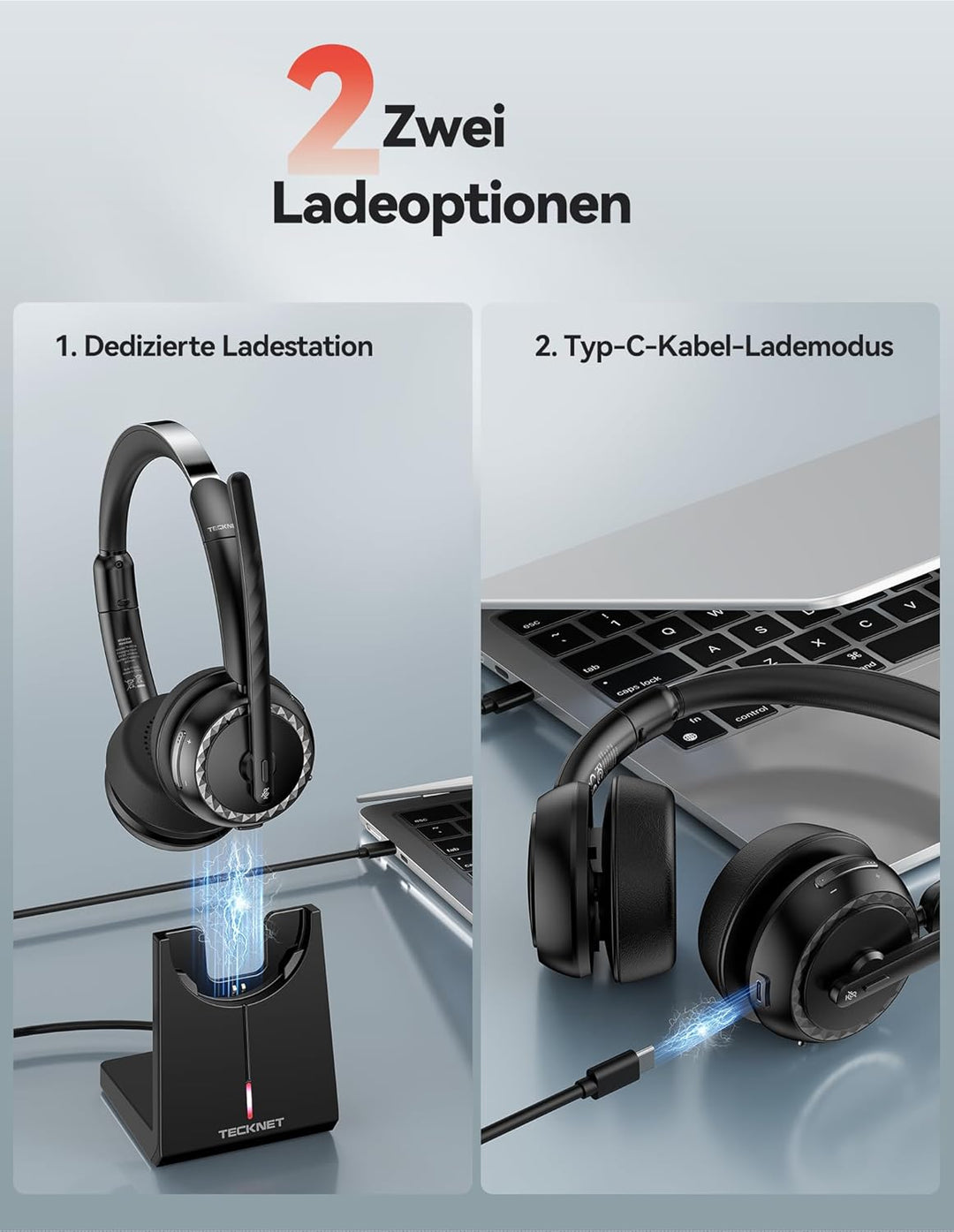 TECKNET V5.3 Bluetooth Headset mit Mikrofon, Wireless Headset mit AI Noise Cancelling Mikrofon, Lade