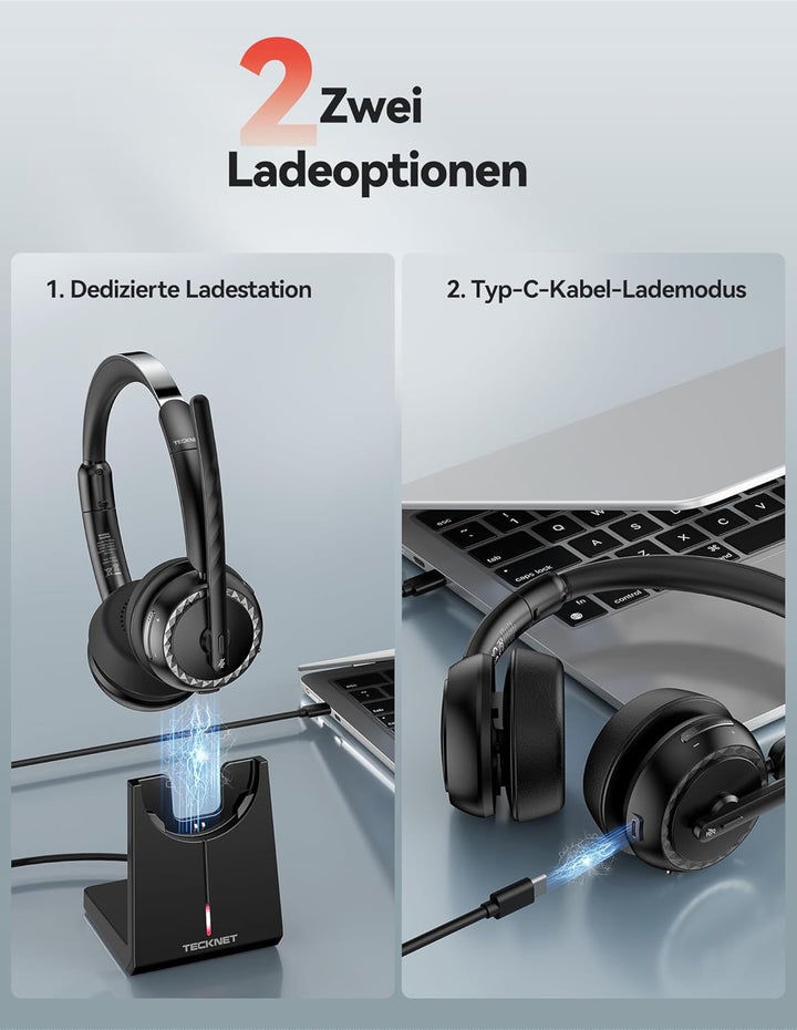 TECKNET V5.3 Bluetooth Headset mit Mikrofon, Wireless Headset mit AI Noise Cancelling Mikrofon, Lade