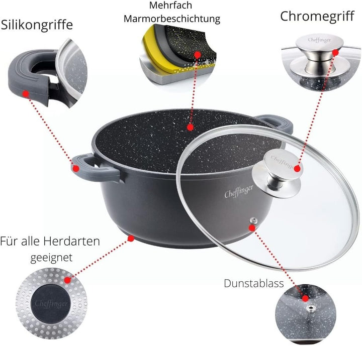 Cheffinger Kochtopf Aluguss Glasdeckel Induktion Marmorbeschichtung Suppentopf Pfanne Ø36 cm