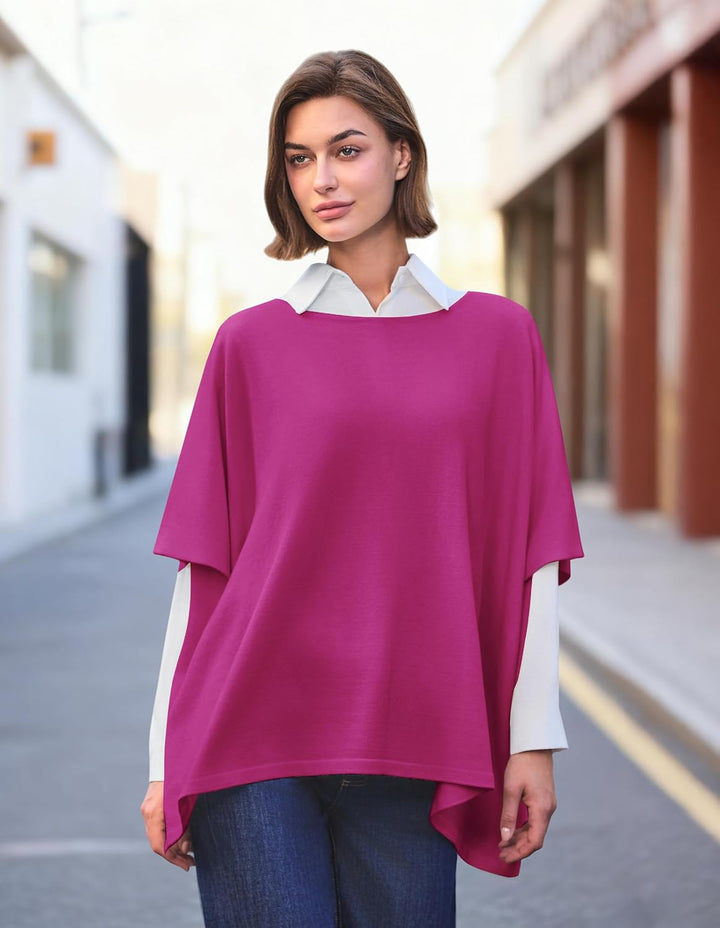 PULI Damen Pullover Poncho Elegant Viskose Strick Locker sitzend Poncho Schal Einheitsgrösse Hotpink