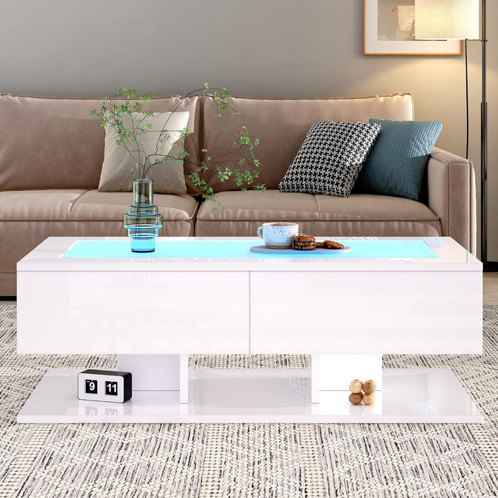 Merax Couchtisch Weiss, Wohnzimmertisch Hochglanz mit LED Beleuchtung, Modern Beistelltisch Kaffeeti