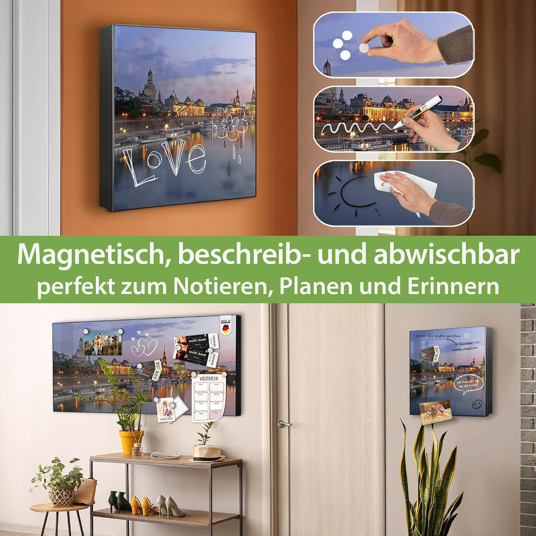 banjado® Grosser Schlüsselkasten Glas/Schlüsselbox 30cm x 30cm mit 50 Haken - Motiv Dresden/Schlüsse
