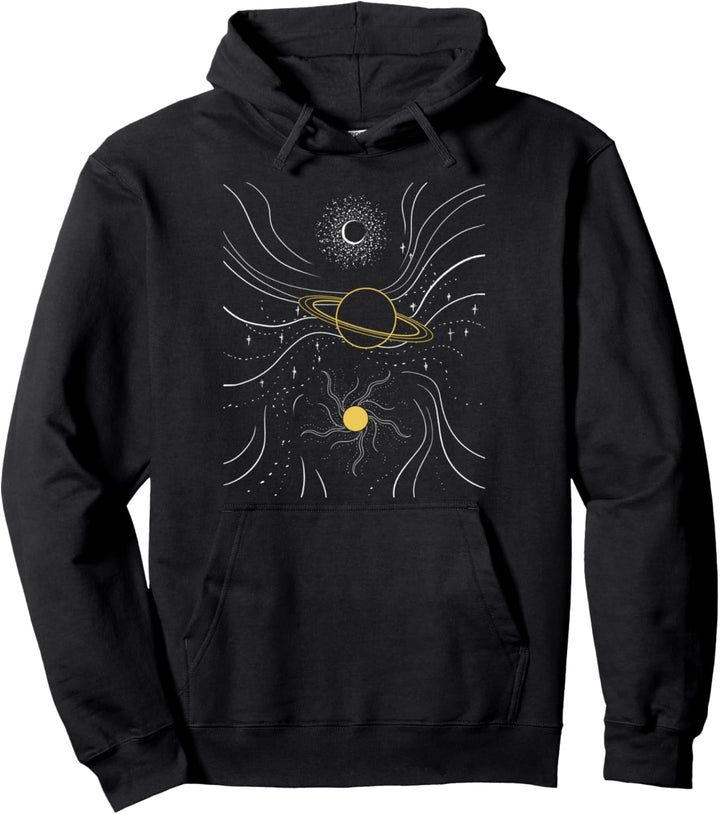 Galaxy Moon Saturn Sun Minimal Outer Space Line Art Gift Pullover Hoodie