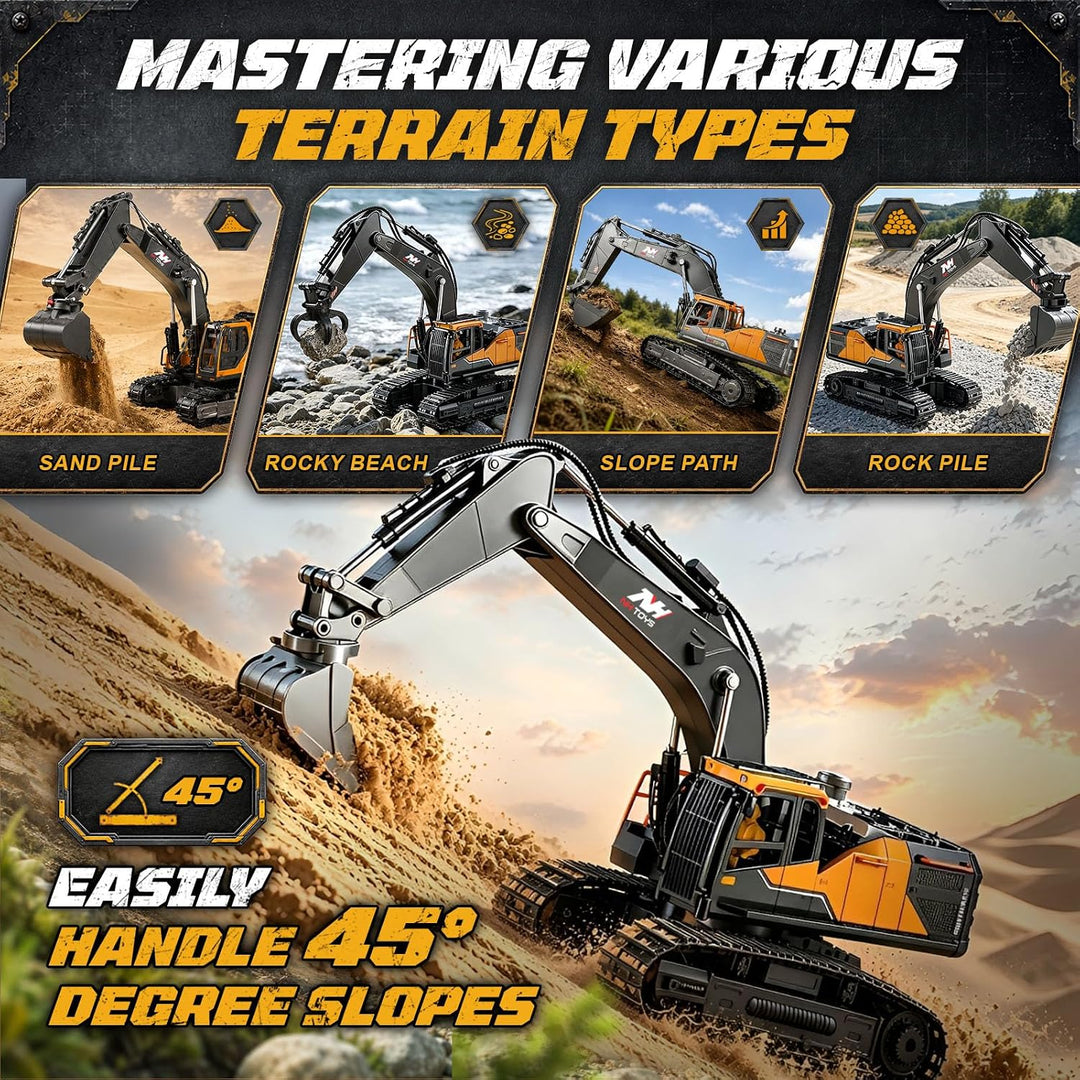 Charmofun 3-in-1 Ferngesteuerter Bagger mit DREI Metall-Aufsätzen Gelb, Gelb