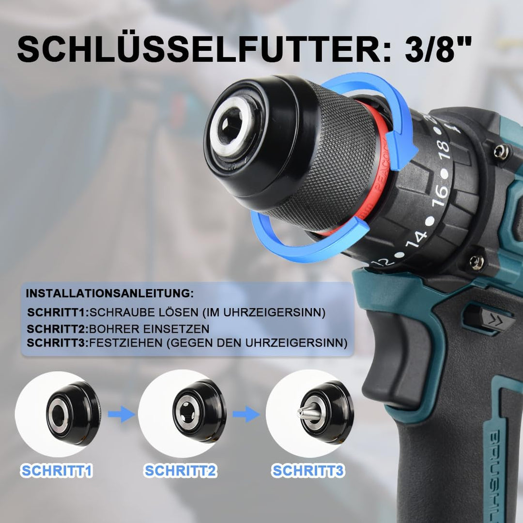 Akku Schlagbohrschrauber Kompatibel mit Bosch 18V Bürstenloser Bohrschrauber 20+3 Drehmomentstufen 7