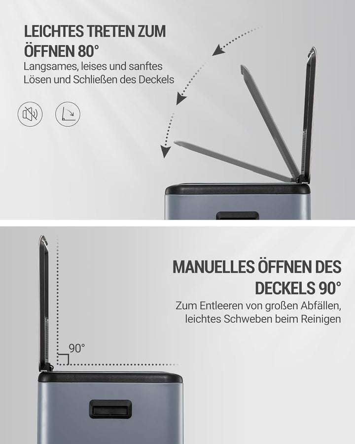 Hzuaneri Mülleimer Küche, 2 x 30 L, Mülltrennsystem 2 Fächer 60 L, Edelstahl-küchenmülleimer, Tretmü