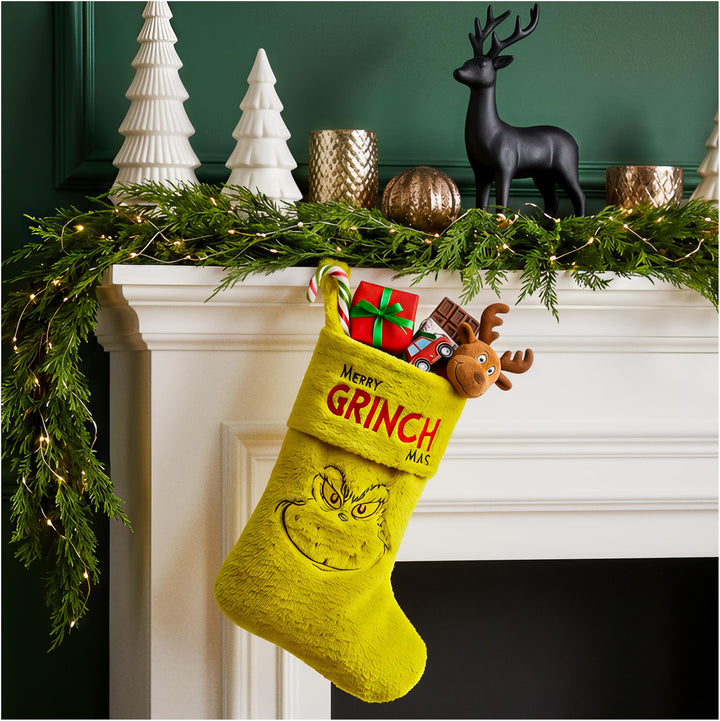 The Grinch Flauschiger Weihnachtsstrumpf, Weihnachtsdeko für Kamin oder Tannenbaum