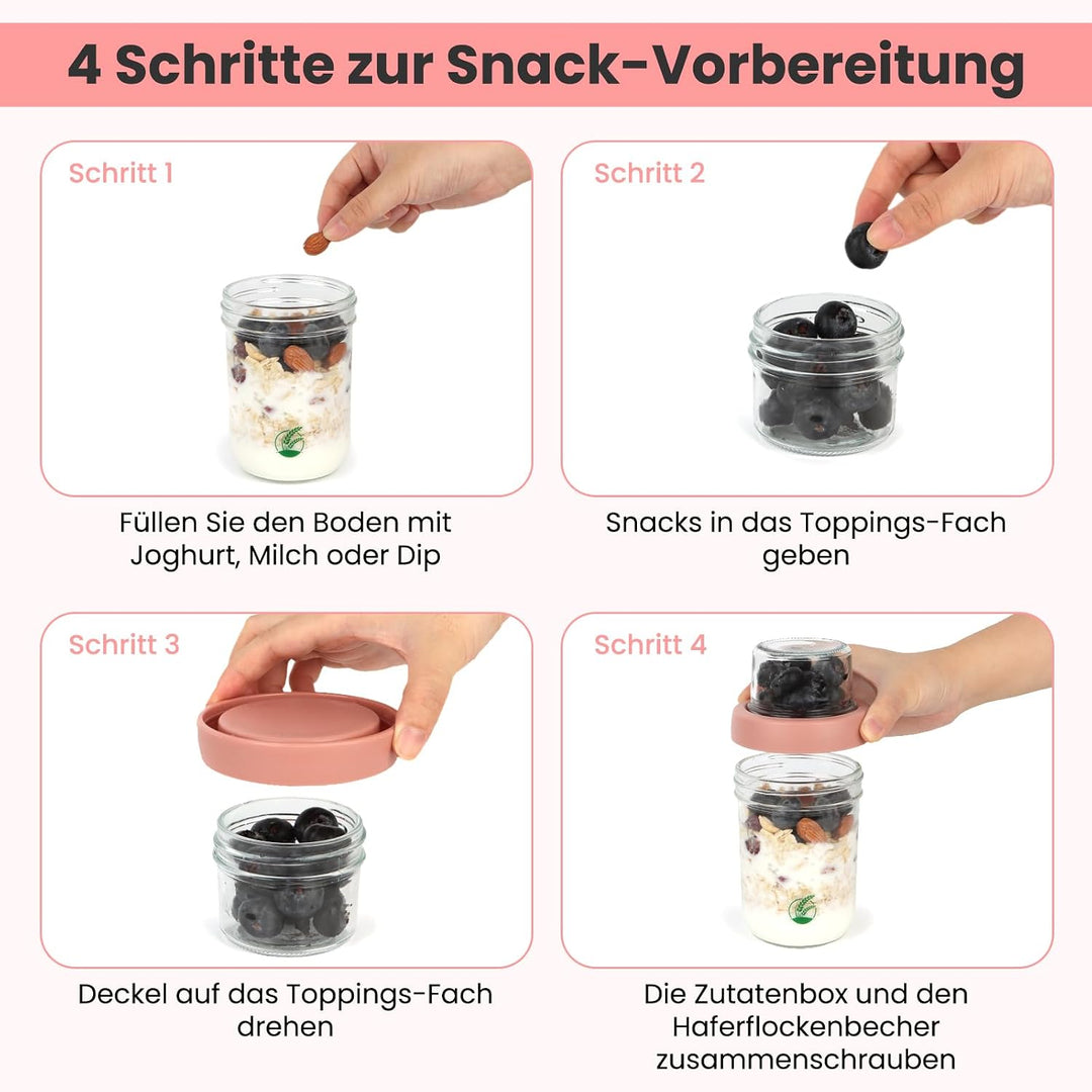 2er Overnight Oats Gläser, Müslibecher to go, 480 ml+120ml 480ML+120ML, 480ML+120ML