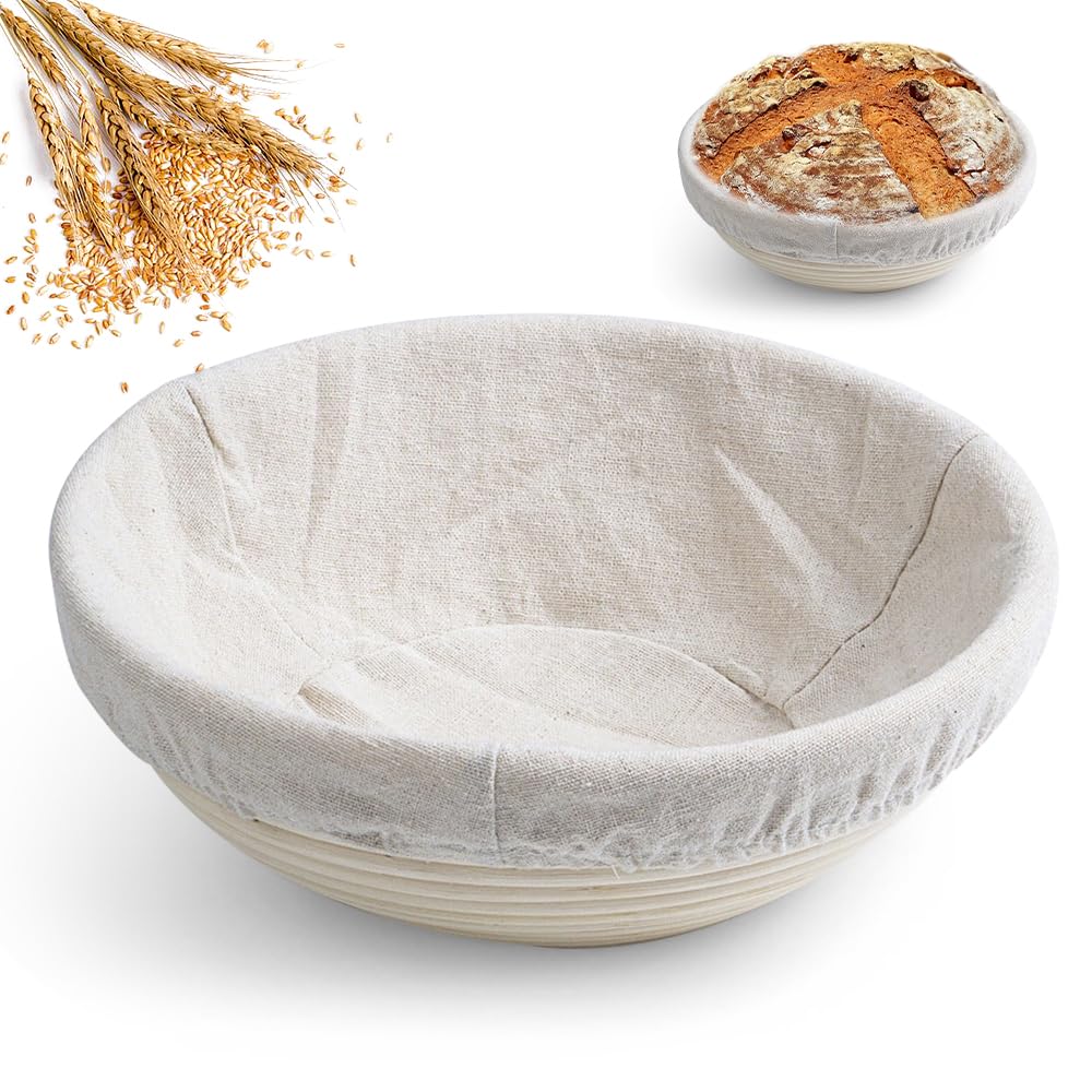 Gärkörbchen Rund, 8 Zoll Gärkörbchen für Brot mit Leineneinsatz, Natürlicher Rattan Gärkorb Brot, Br