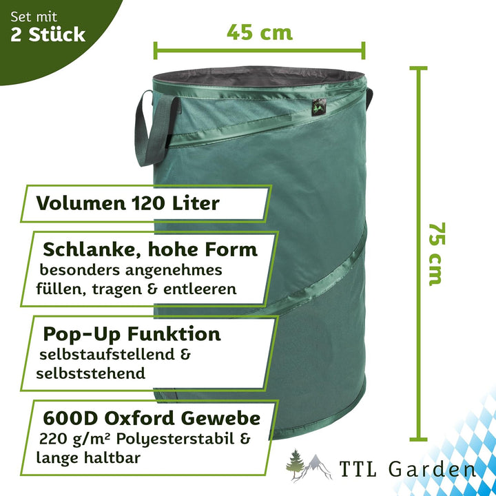 TTL Garden 2x 120L Premium Pop Up Gartensack - 220gsm 600D Oxford Gewebe selbstaufstellend robust &amp;