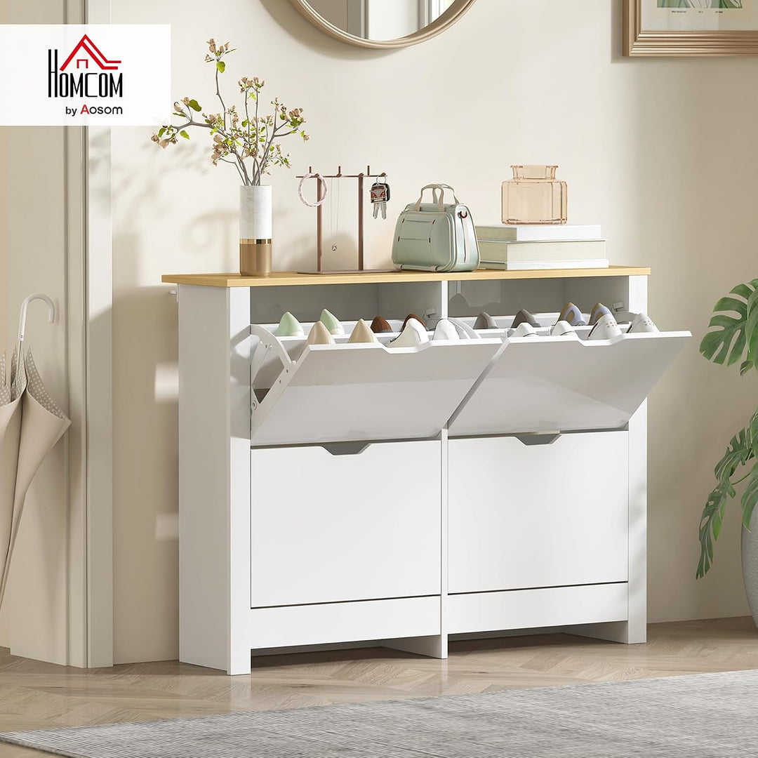 HOMCOM Schuhschrank mit 4 Klappen Schmal 105 x 26 x 80 cm Weiss Weiss 4 Klappen, Weiss 4 Klappen
