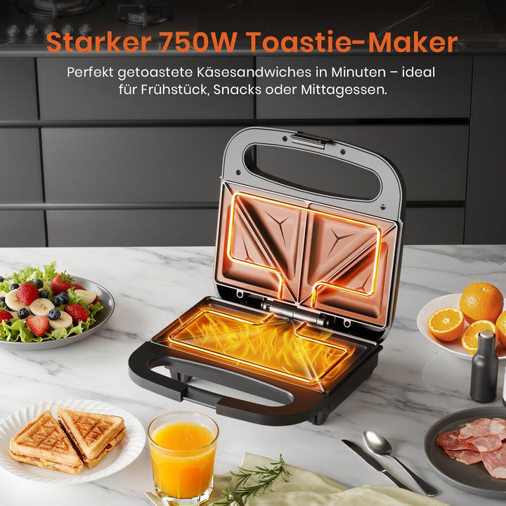 Sandwichmaker 750W mit Antihaftbeschichtung für 2 Sandwiches Automatischer Temperaturregelung Cool T
