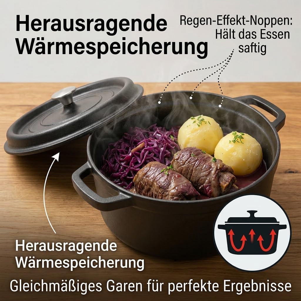 Dutch Oven 26 cm 5.1L Gusseiserner Topf Bräter Brot Backen Brotbacktopf 26CM, 26CM