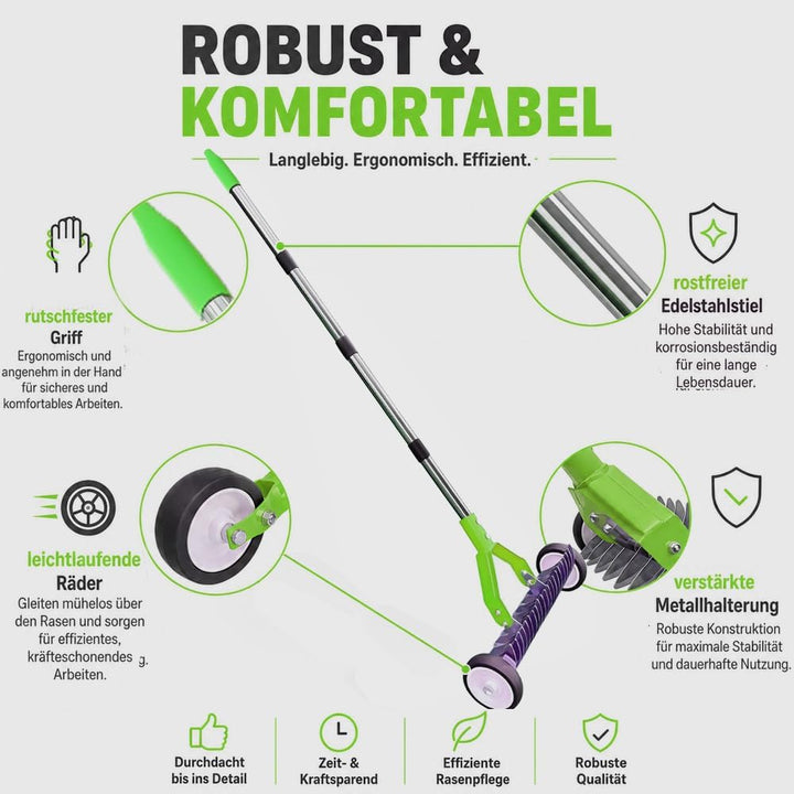Handvertikutierer mit Rollen 165cm, vertikutierer Hand mit Gartenabfallsack, vertikutierrechen mit s