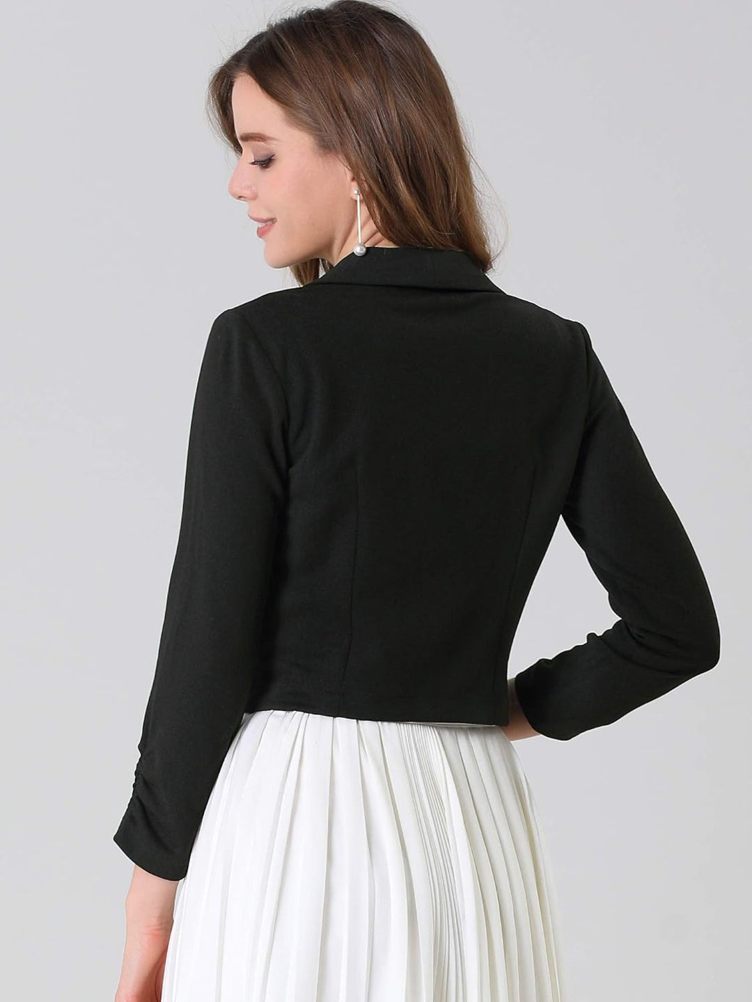 Allegra K Damen Langarm Umlegekragen Geraffte Ärmel Blazer Offen Crop Jacke XS Schwarz, XS Schwarz