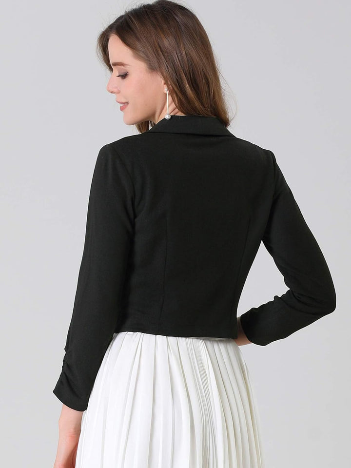 Allegra K Damen Langarm Umlegekragen Geraffte Ärmel Blazer Offen Crop Jacke XS Schwarz, XS Schwarz