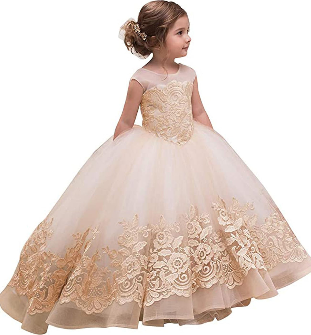 PLWEDDING Fancy Spitze Applikationen Blumenmädchen Kleid Kinder Hochzeitskleid Mädchen Prinzessin Tü