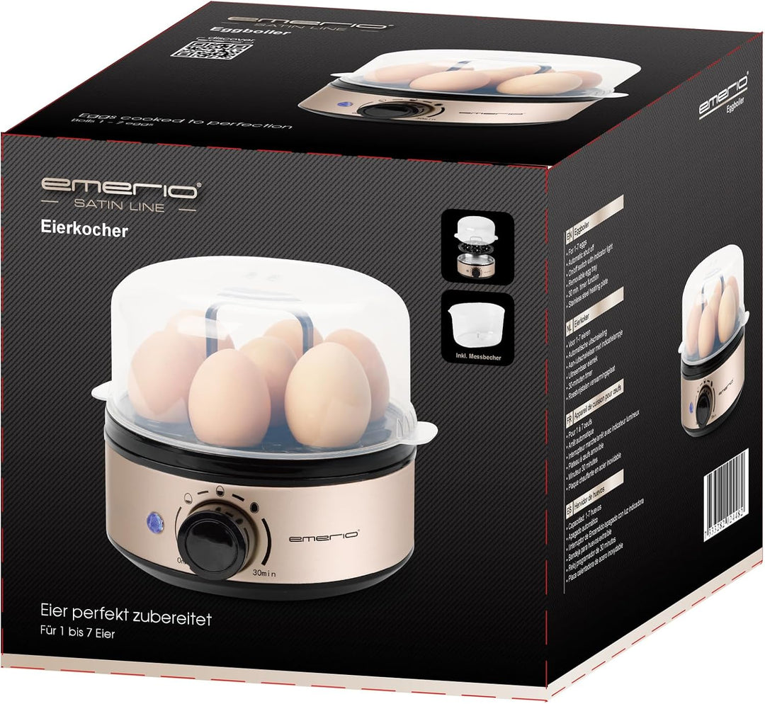 EMERIO elektrischer Eierkocher für 1-7 Eier | Satin Edition | manuelle Härtegradeinstellung/Timer |