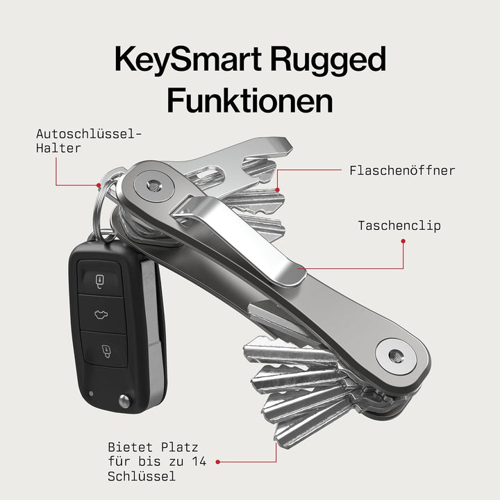 KeySmart Rugged - Multi-Tool Schlüsselhalter mit dem Flaschenöffner und Taschen Clip (bis zu 14 Schl