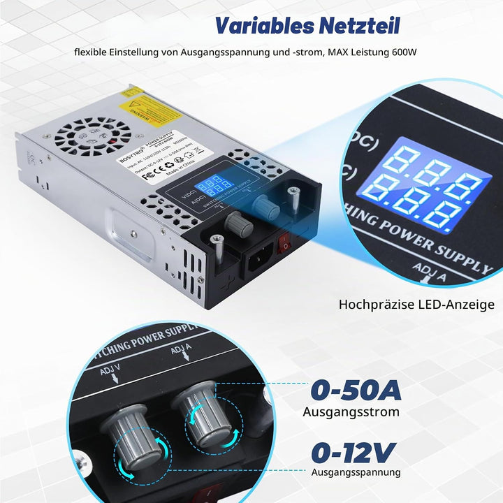 BOSYTRO Regelbares Netzteil 0-12V 0-50A 600W Schaltnetzteil Transformator Power Supply Trafo 230v au
