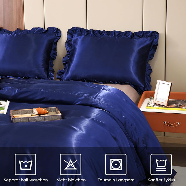 Freyamy Bettwäsche 155x220 Glatt Luxus Seide Bettwäsche Set Blau Dunkelblau Einfarbig Rüschen Romant