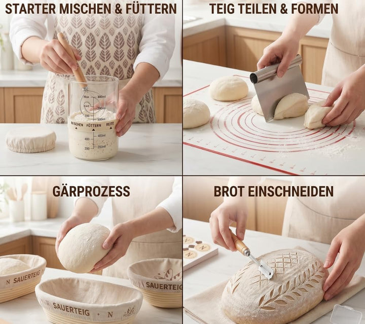 Sauerteig Starter Set 10-teilig – Gärkörbchen Gärkorb aus Rattan, 23cm Rund