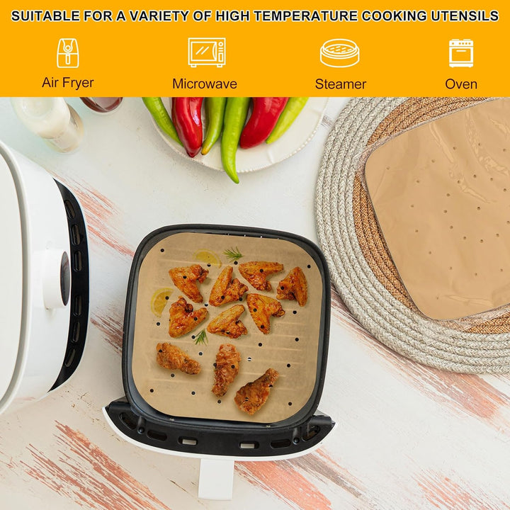 QUARKZMAN 200 Stück Airfryer Backpapier, 25cm Quadrat Air Fryer Paper Perforiertes Backpapier, Antih