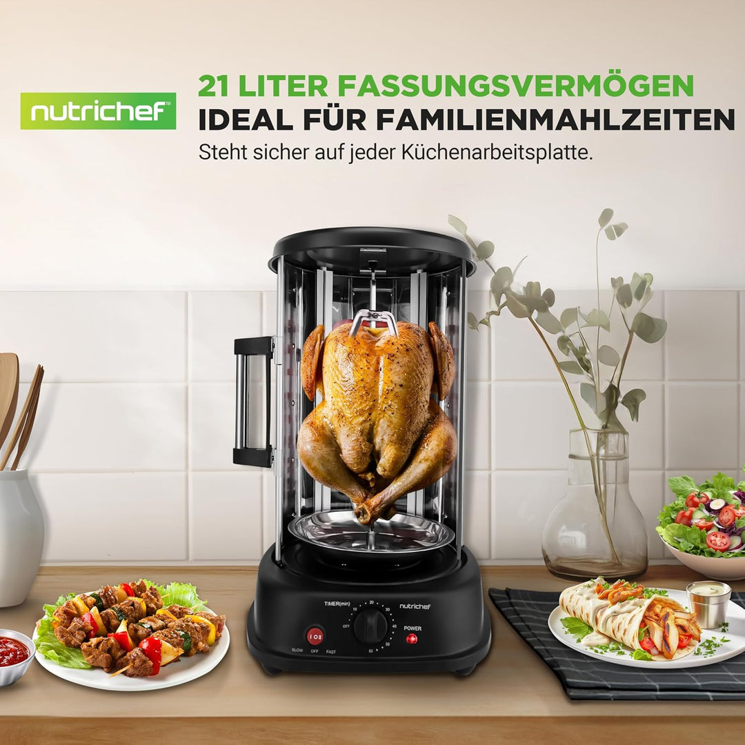 NutriChef Heissluft-Multiofen mit Drehspiess – 21L Mini-Backofen mit Umluft und Grillfunktion Dönerg