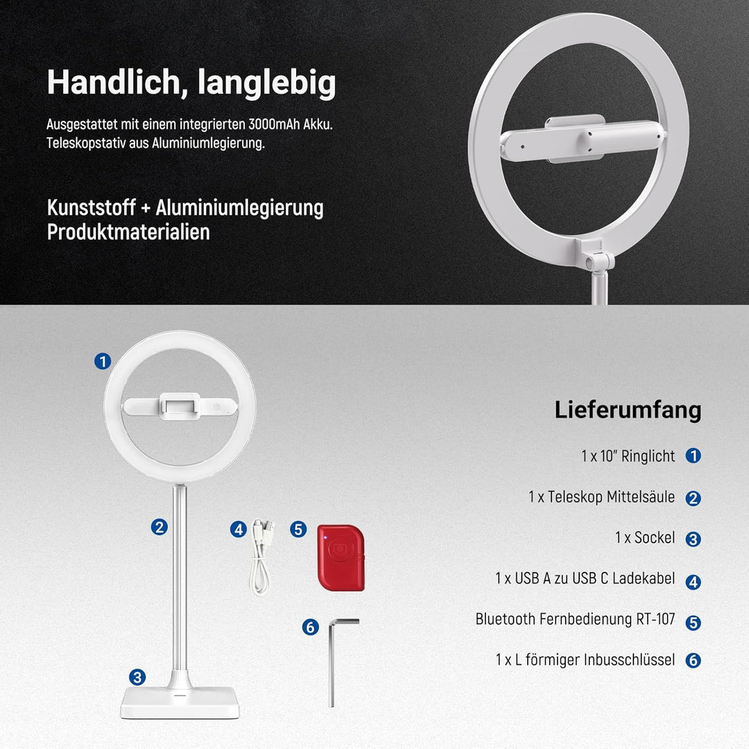 NEEWER Entry Level Version 10" 7W LED Ringlicht mit Ständer/Handyhalterung/3 Farbmodi, 69" teleskopi