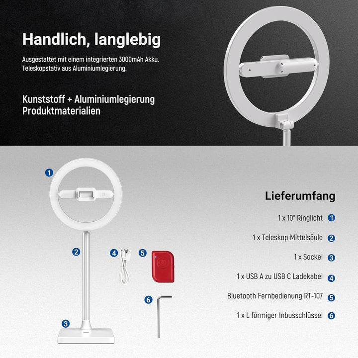 NEEWER Entry Level Version 10" 7W LED Ringlicht mit Ständer/Handyhalterung/3 Farbmodi, 69" teleskopi
