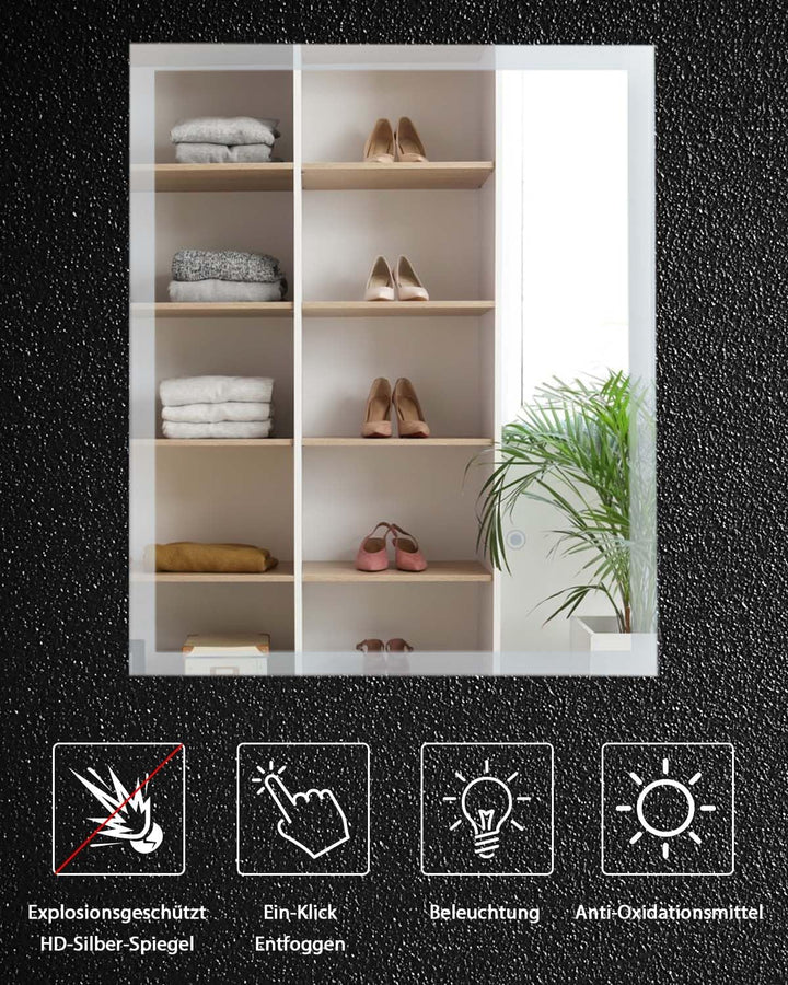 LED Badspiegel mit Beleuchtung, 60x50cm Wandspiegel Badezimmerspiegel mit Touch-Schalter Kaltweiss 6