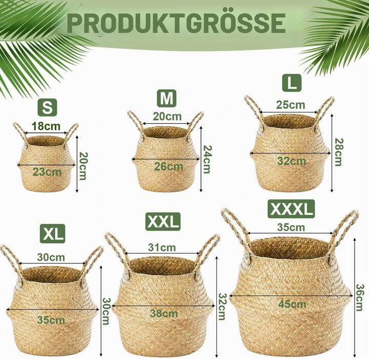 2 Stück Seegras Korb, Rund Wäschekorb mit Henkel, Gewebt Körbchen Übertopf Bastkorb, Blumentopf Körb