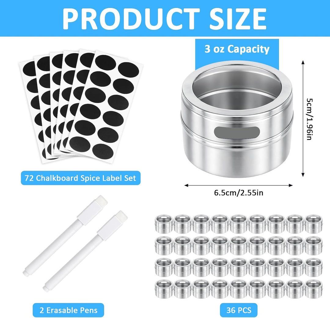 36 Stück Gewürzdosen Magnetisch 89ml / 3oz Gewürzstreuer aus Edelstahl, Magnetische Gewürzbehälter R